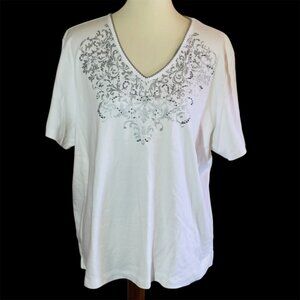 Alfred Dunner V Neck T Shirt Sz XL Silver Metallic Floral Beaded Sequins Crochet
